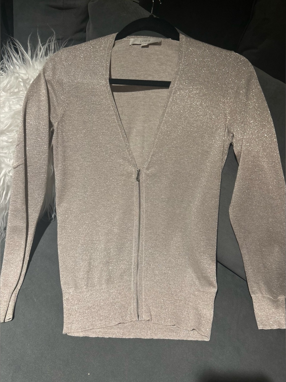 LOFT Shimmery Silver Gray Zip-Front Cardigan